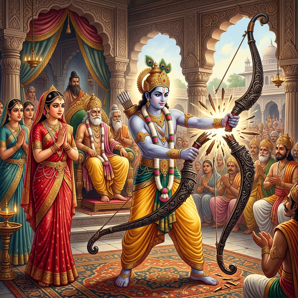 Lord Rama breaking a large ornate bow in a royal court with an audience including princess Sita and sages