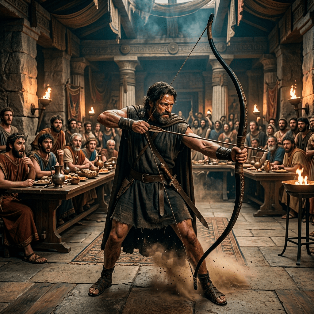 Warrior drawing a bow in ancient hall with attentive crowd